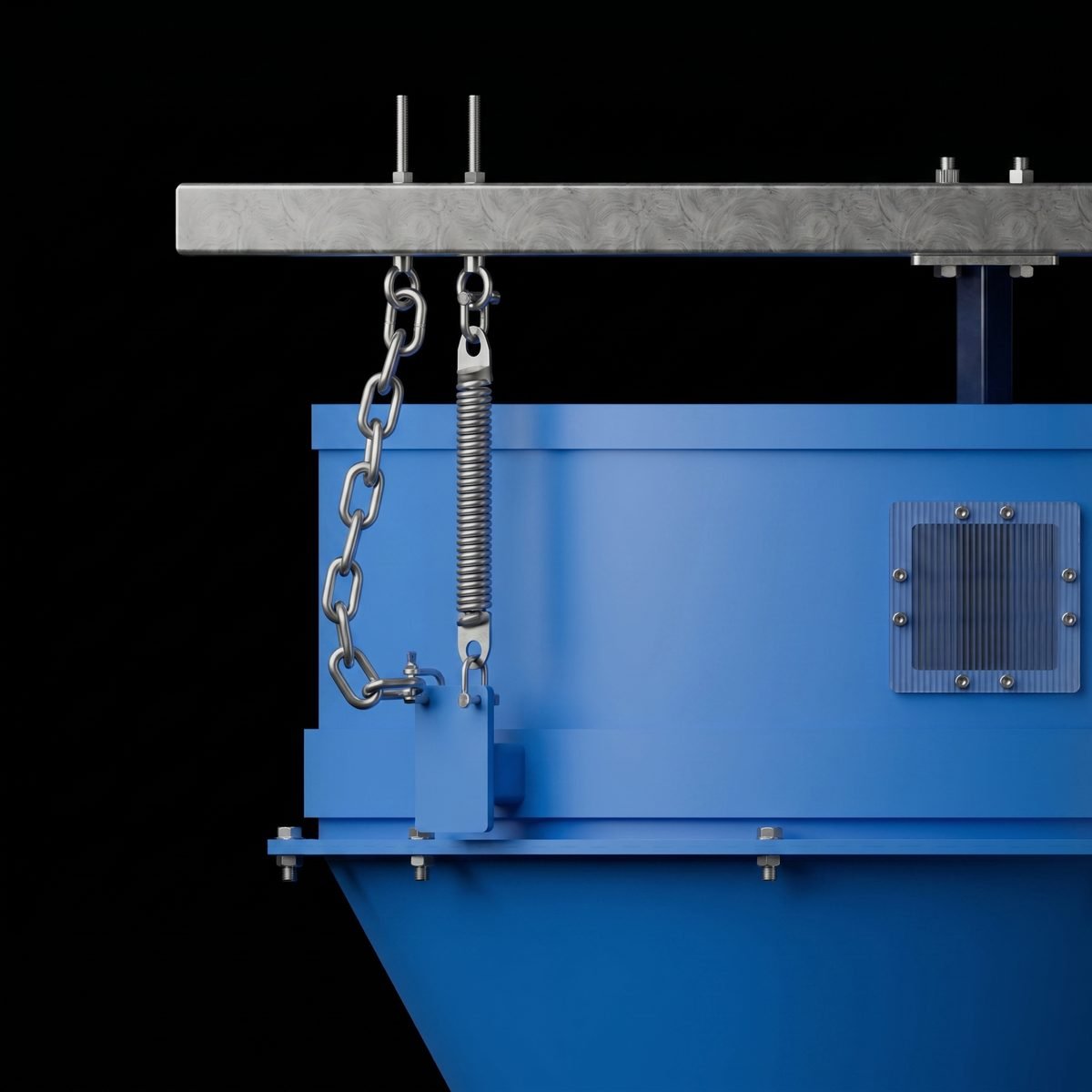 Close-up of DustCone spring suspension and chain travel restraint