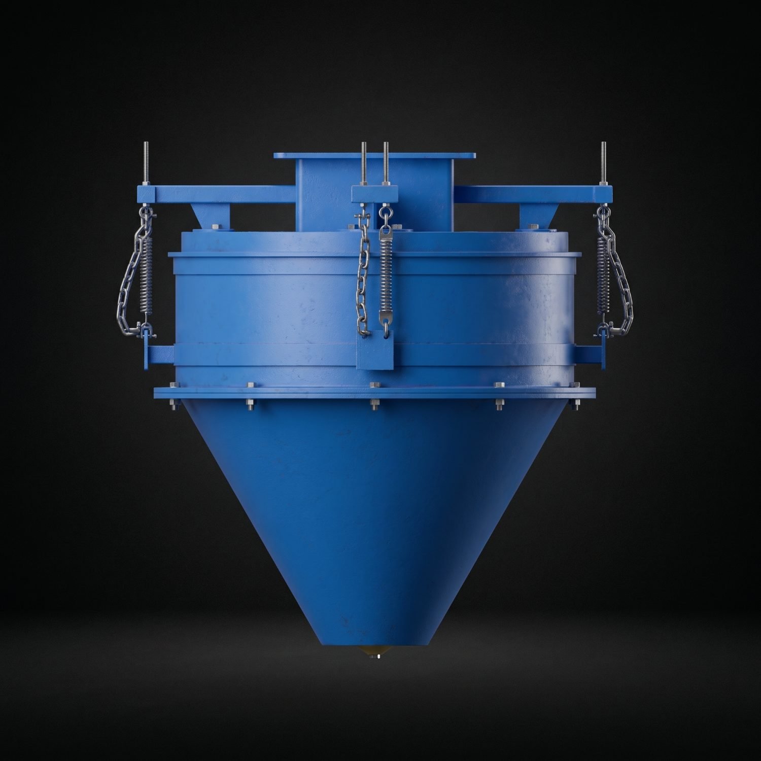 DustCone FT flange-top dust suppression hopper: bolted top mounting frame, tensioned suspension springs with chain restraints, and conical body below the flange