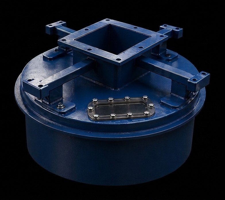 DustCone FT flange-top hopper: square bolted inlet flange on a cross-braced mounting frame, with a gasketed inspection window in the cover
