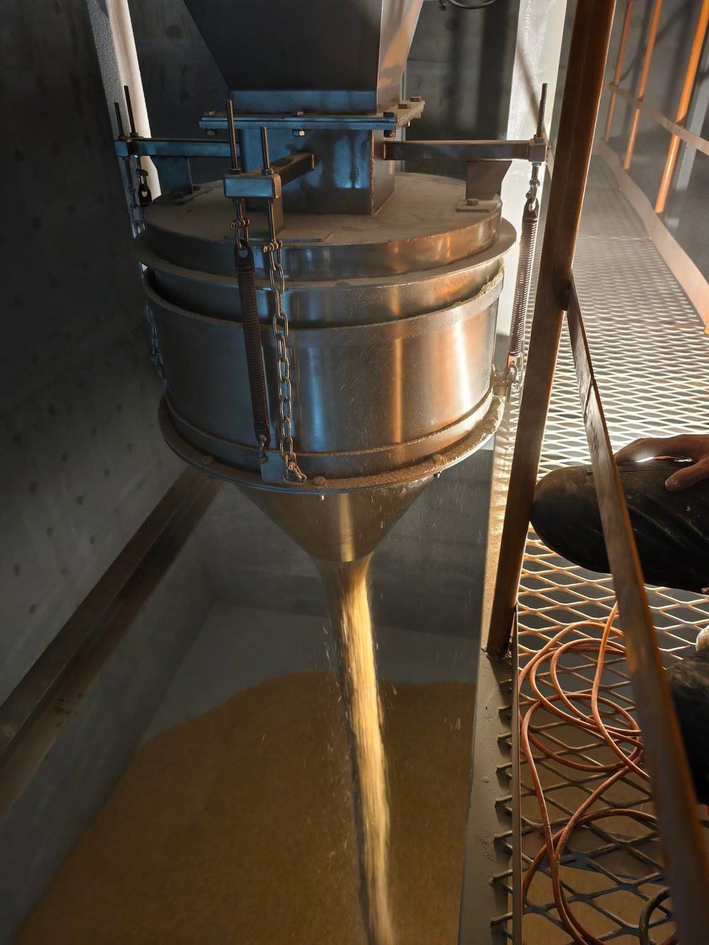 DustCone unit discharging maize as a solid column at a grain handling facility