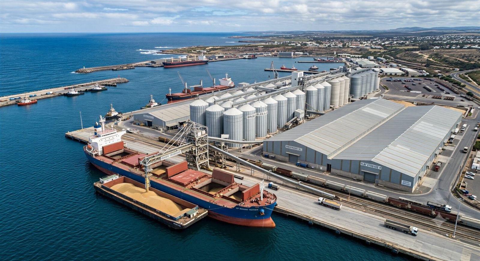 Aerial view of a bulk grain terminal showing ship, truck, warehouse and silo transfer points