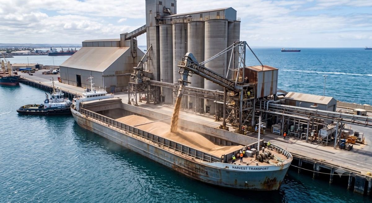 Bulk carrier at a grain berth, cargo falling from the loading boom into the open hold